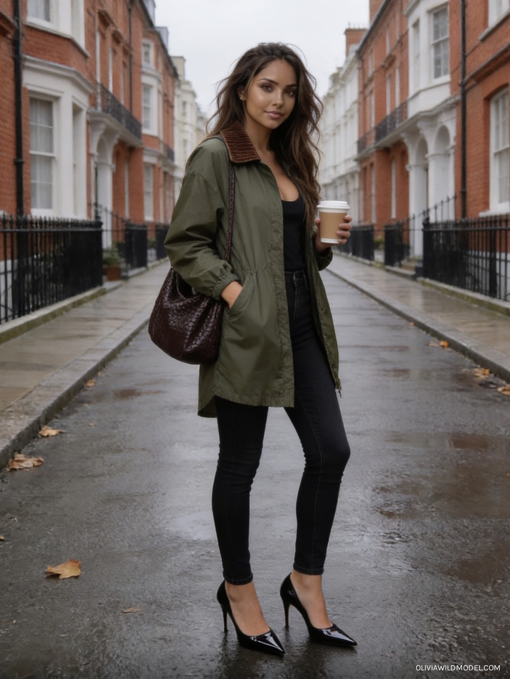 Fall street-style outfit on a London street: olive green lightweight windbreaker jacket worn fully open, black high-waisted skinny jeans, a dark brown leather hobo bag and black patent pointed-toe pumps