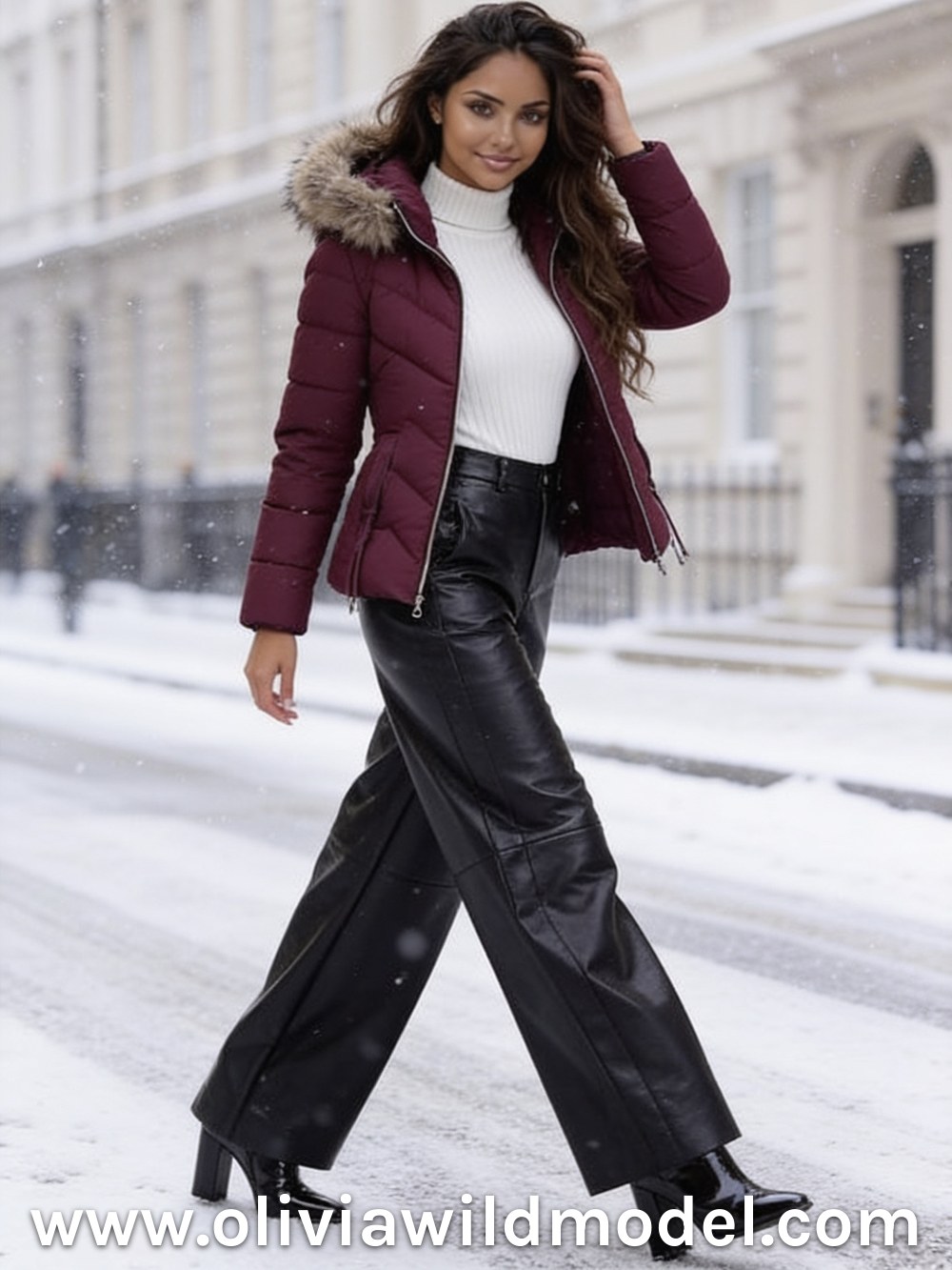 Winter street-style outfit on a snowy London street: fitted burgundy puffer jacket with faux fur hood trim over a white turtleneck, black wide-leg faux-leather pants and black patent block-heel ankle boots