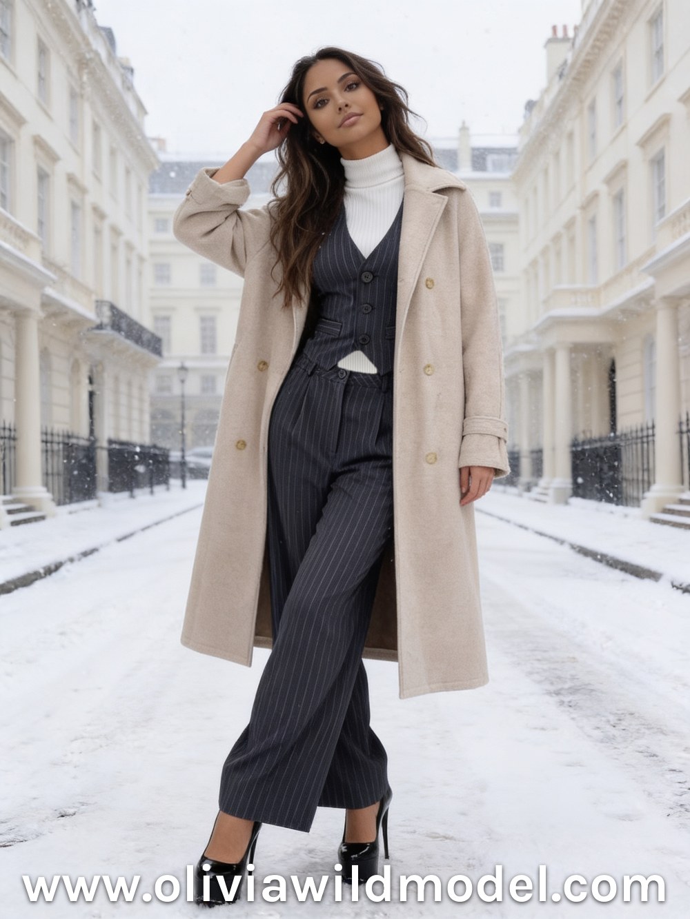 Herbst-Outfit im Street-Style: Navy-Nadelstreifen-Set & langer beiger Mantel