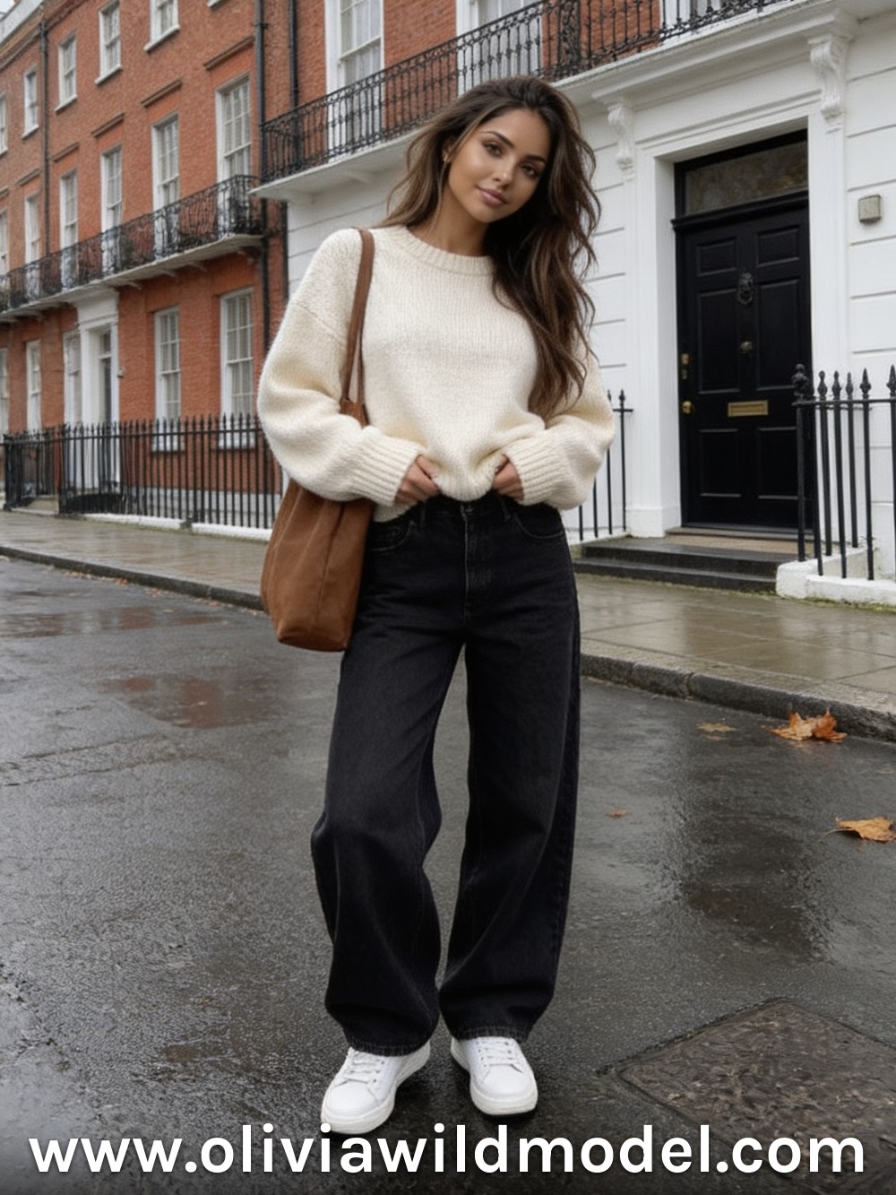 Cream Y2K Oversized & Black Wide-Leg Jeans: fall outfit by Olivia Wild