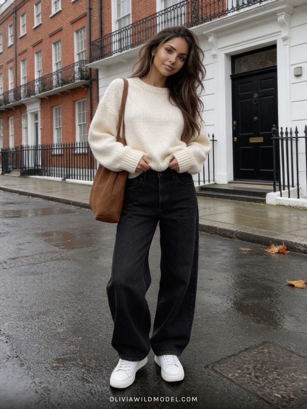 Fall street-style outfit on a London street: cream oversized Y2K round-neck sweater with black wide-leg jeans, a brown tote and white trainers