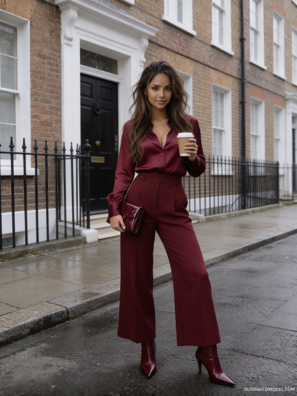 Fall street-style outfit on a London street: burgundy satin blouse, burgundy wide-leg trousers, a burgundy patent clutch, and burgundy ankle boots