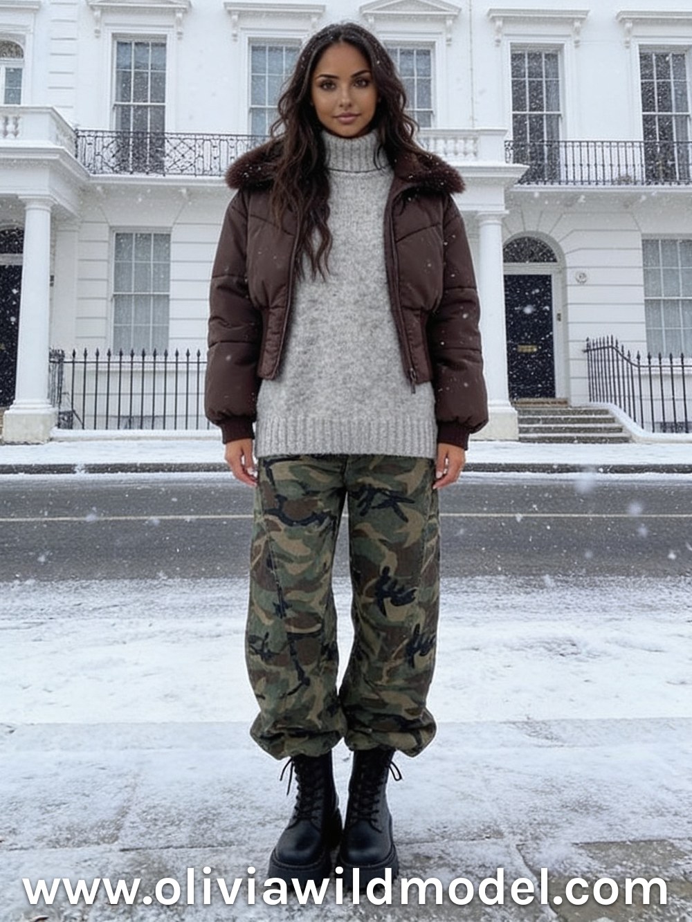 Herbst-Outfit im Street-Style: Camo-Cargohose & braune Pufferjacke