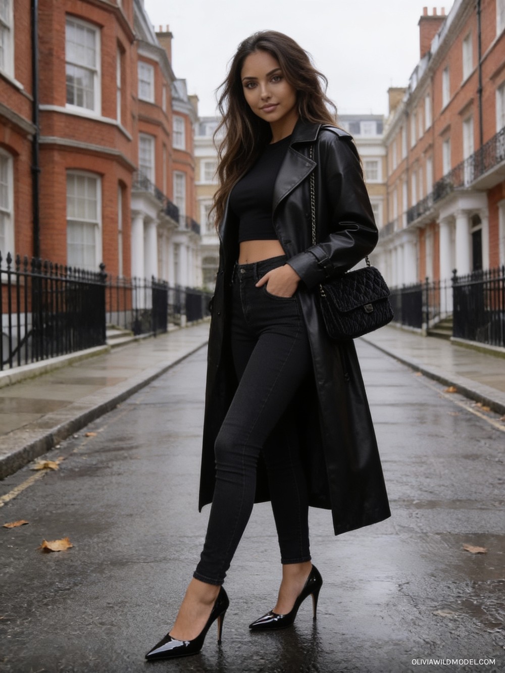 Fall street-style outfit on a London street: black faux-leather trench coat worn open and unbelted over a crop top, black high-waisted skinny jeans, a black quilted corduroy crossbody bag and black patent pointed-toe pumps