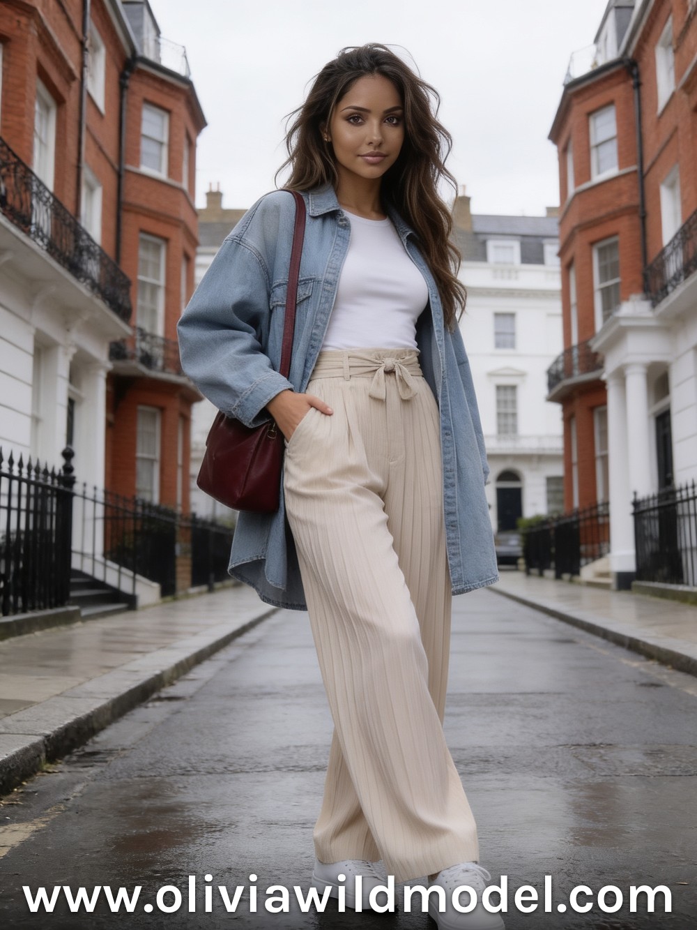 Herbst-Outfit im Street-Style: Helle Jeansjacke & beige Hose