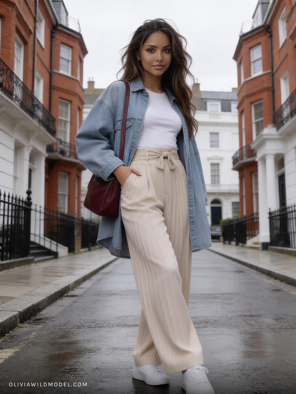 Fall street-style outfit on a London street: light-blue oversized denim jacket worn open, beige wide-leg pleated trousers with a fabric belt, a burgundy leather shoulder bag and white trainers
