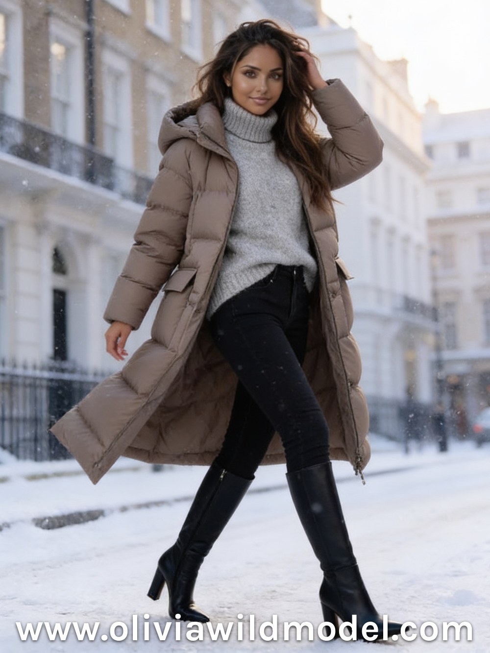 Winter street-style outfit on a snowy London street: long taupe hooded puffer coat over a grey knit turtleneck, black skinny jeans and black knee-high block-heel boots