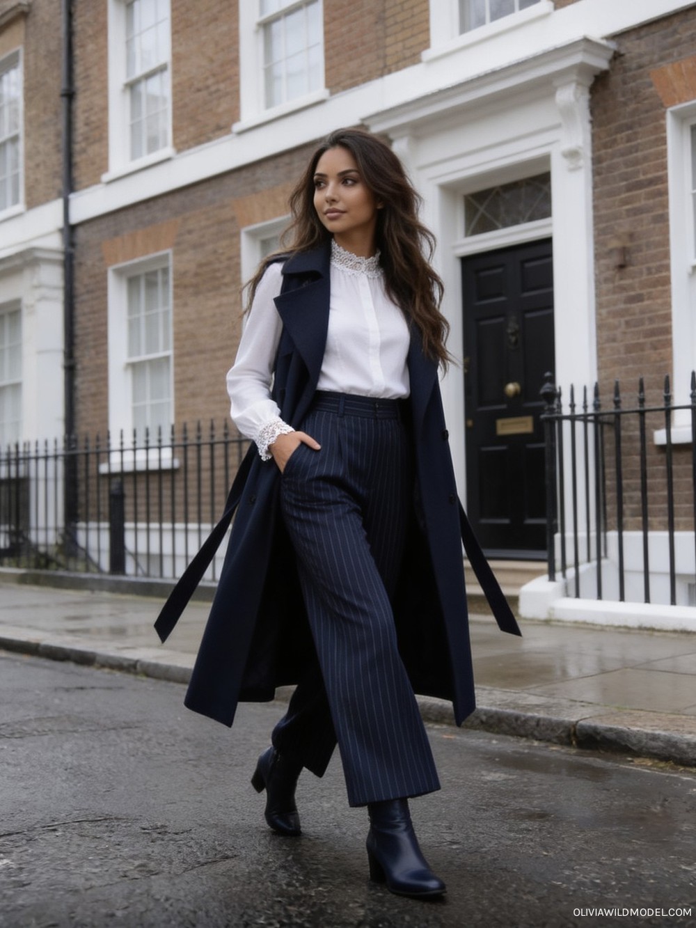Fall street-style outfit on a London street: white lace-trim blouse, navy pinstripe wide-leg trousers, a long navy trench coat worn open, and navy ankle boots
