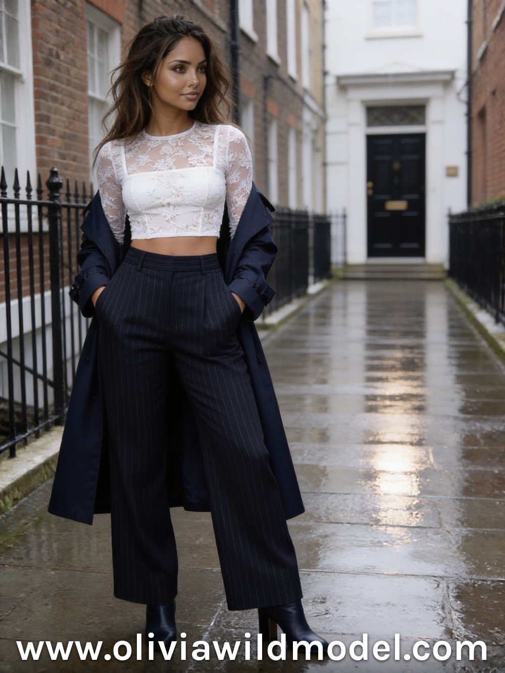 Navy Trench & Navy Pinstripe Trousers: fall outfit by Olivia Wild