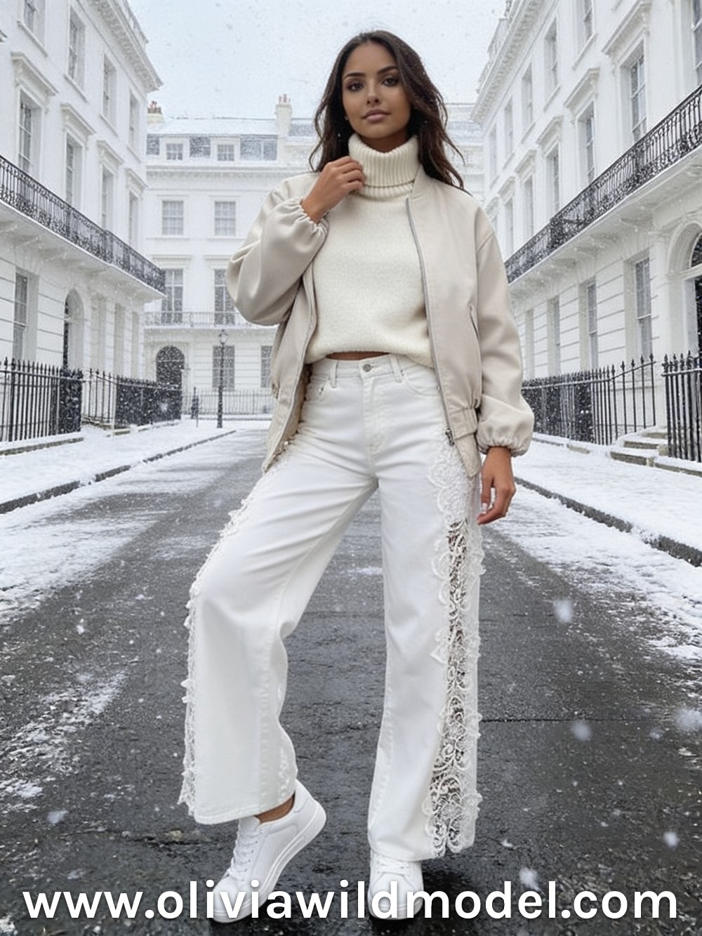 Winter white outfit on a snowy London street: white wide-leg jeans with lace patchwork, a cream satin bomber jacket worn open, an ivory turtleneck and white sneakers