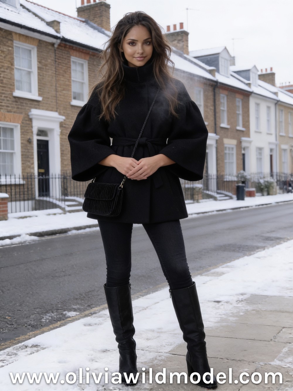 Herbst-Outfit im Street-Style: Schwarzer Gürtel-Wollmantel & schwarze Skinny-Jeans