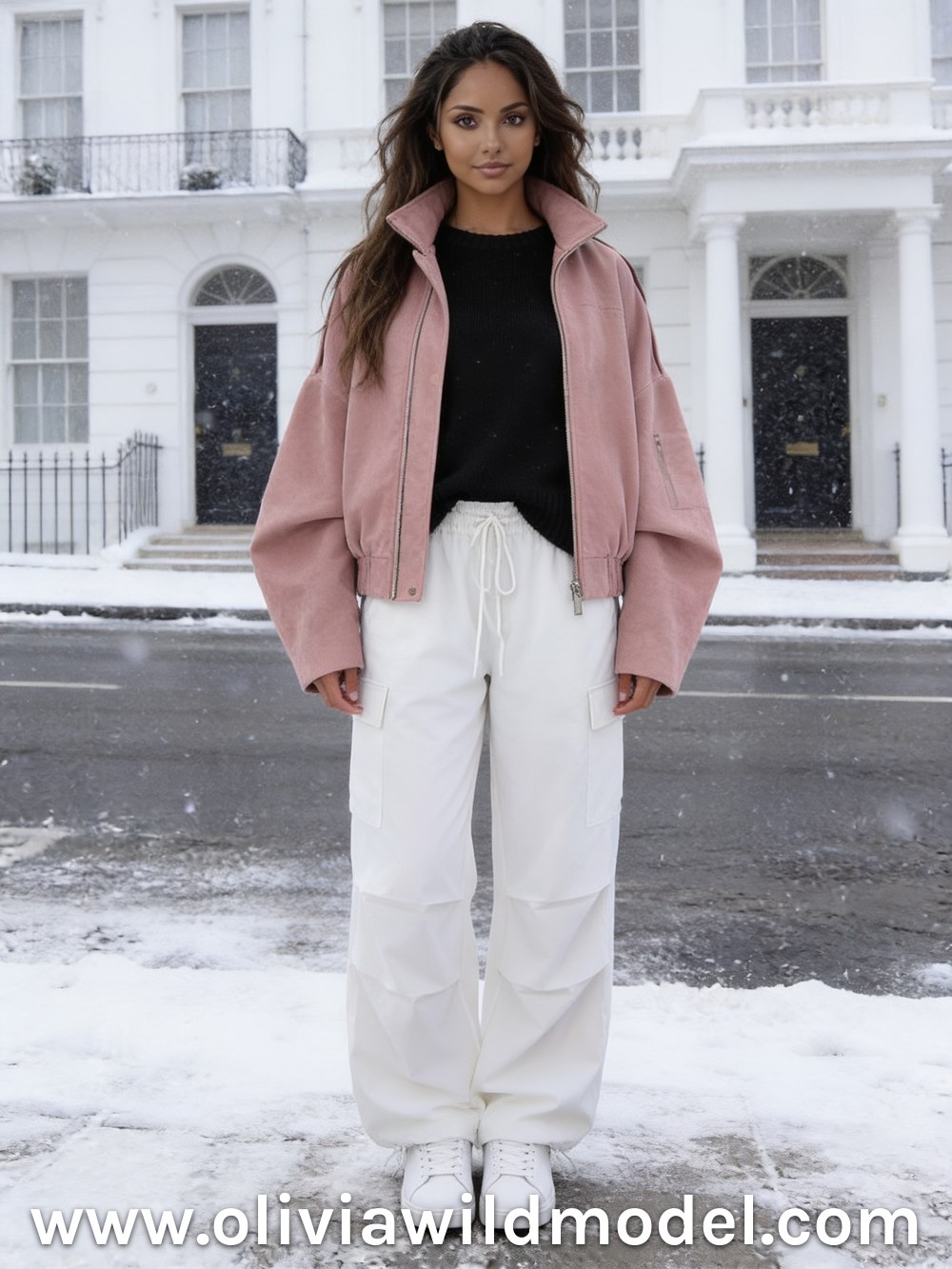 Herbst-Outfit im Street-Style: Weiße Parachute-Cargo & rosa Wildleder-Jacke
