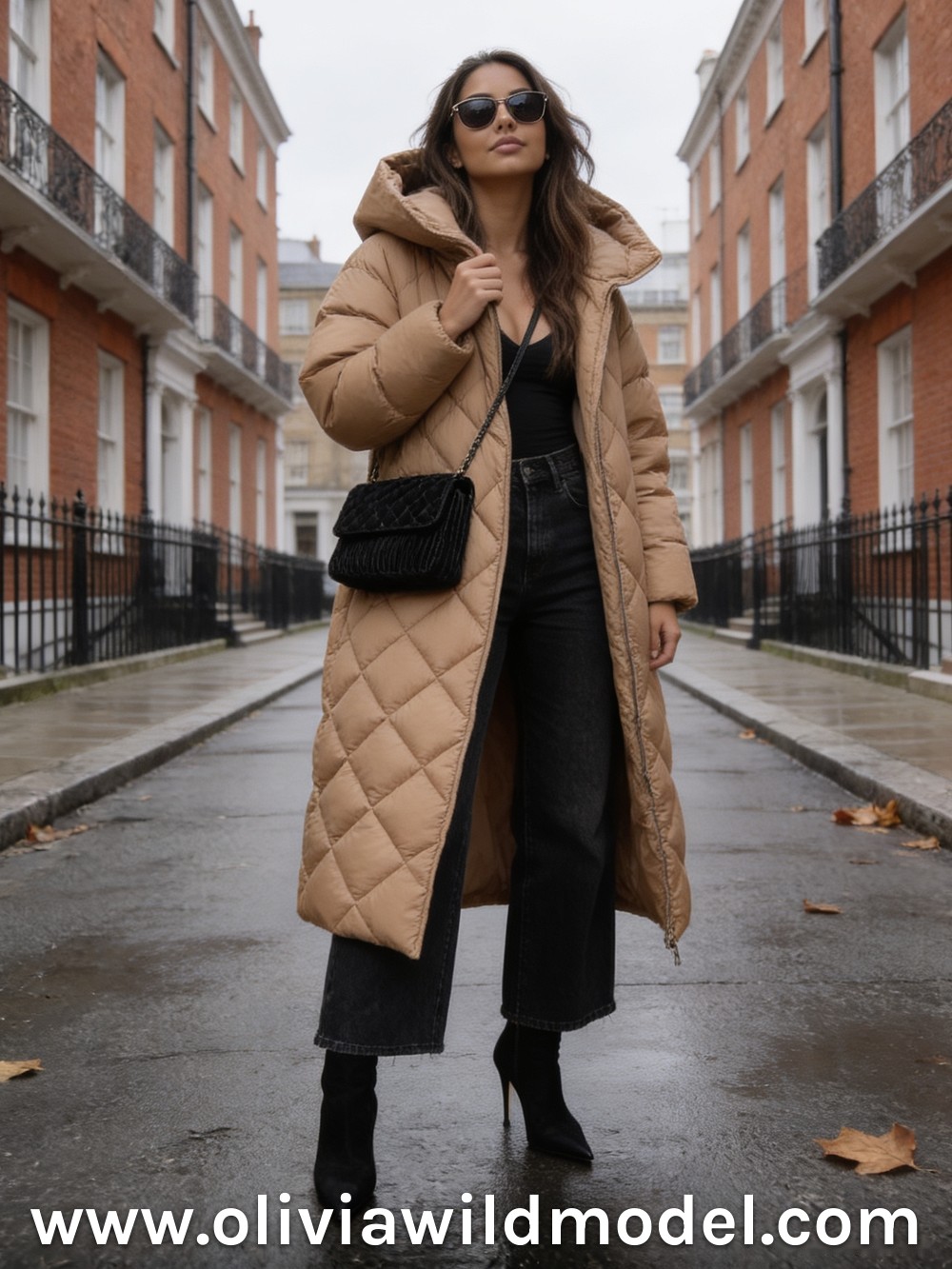 Camel Puffer Coat & Black Wide-Leg Jeans: fall outfit by Olivia Wild