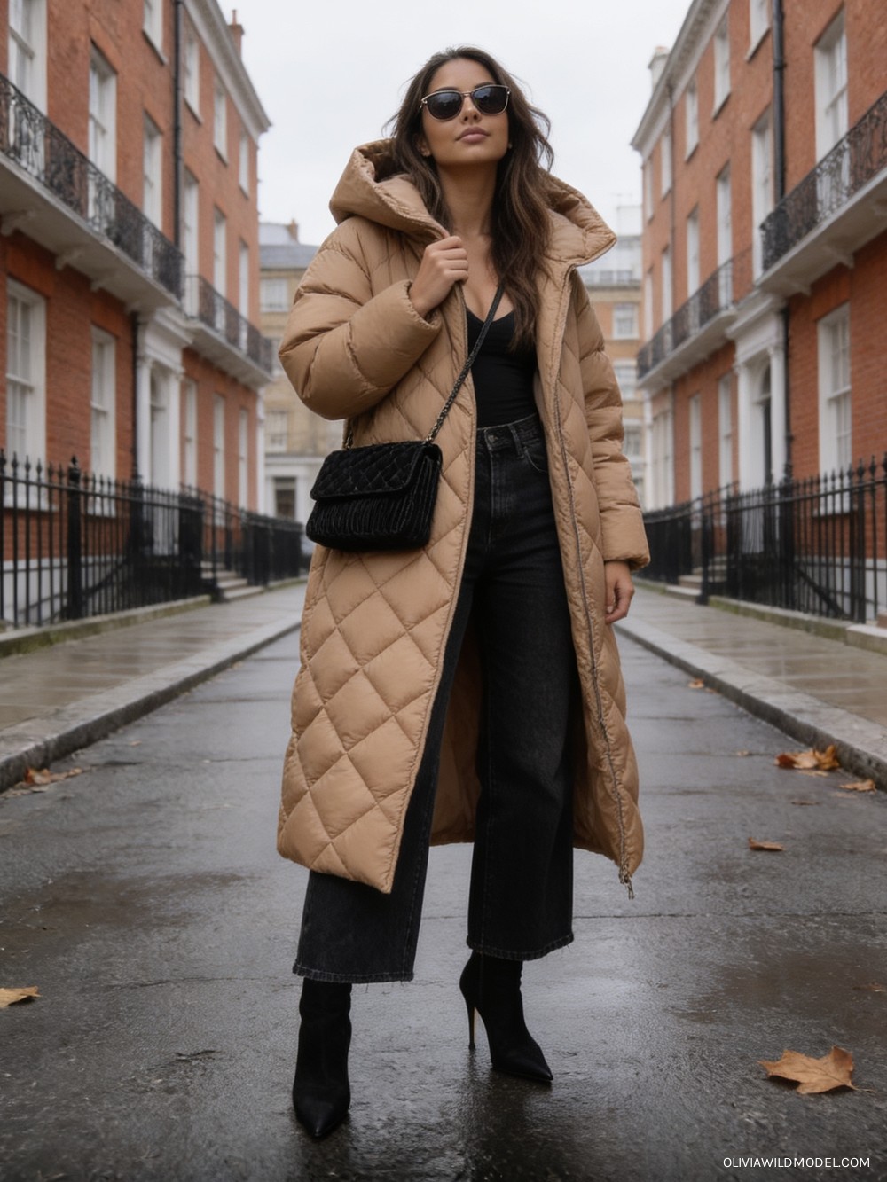 Fall street-style outfit on a London street: camel diamond-quilted long hooded puffer coat worn open, washed-black high-waisted wide-leg jeans, a black quilted corduroy crossbody bag and black pointed-toe suede ankle boots with stiletto heel