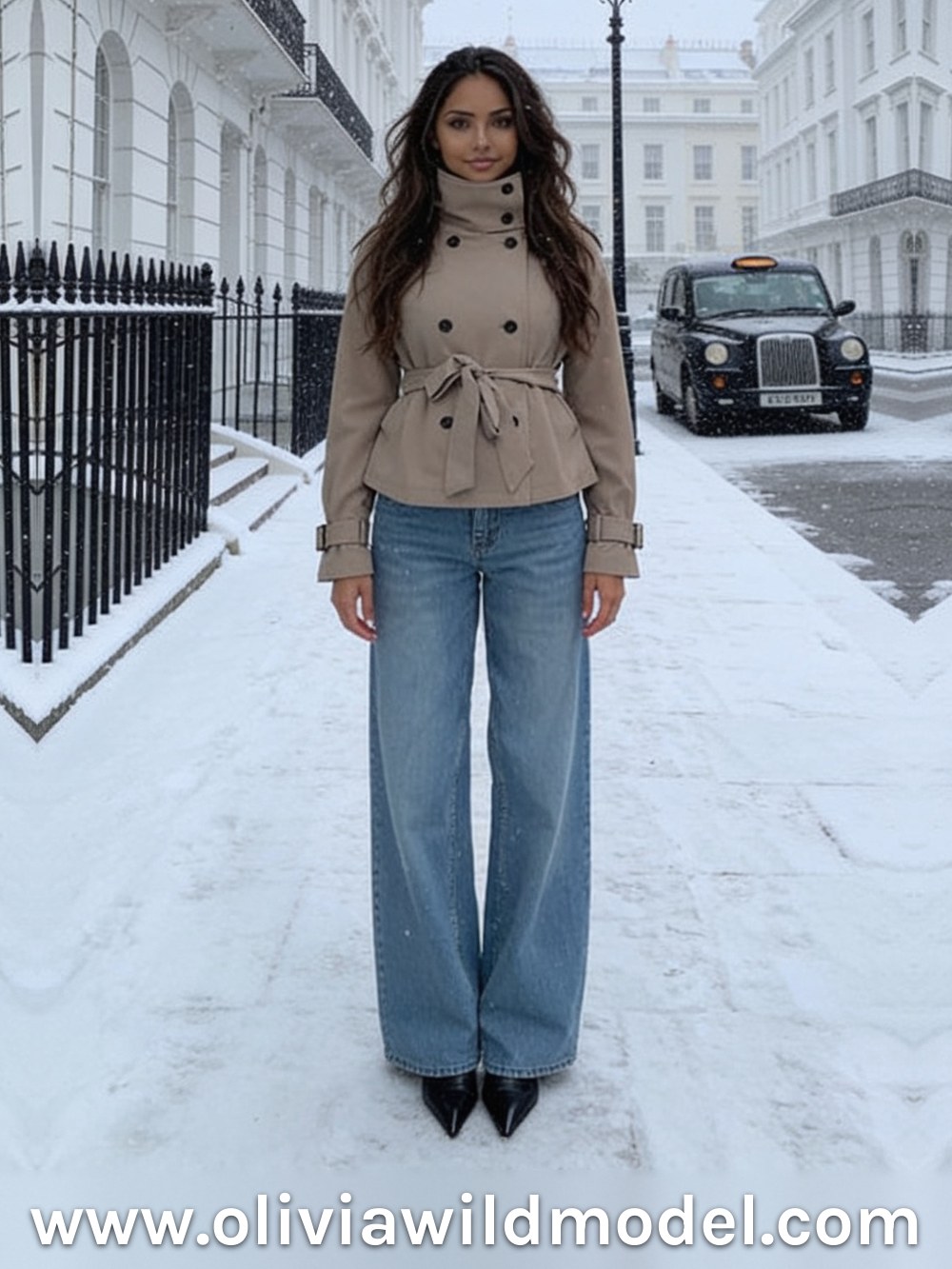 Short jacket outfit on a snowy London street: a taupe beige short trench jacket with a stand-up collar buttoned up and a belt tied in a bow, wide-leg light blue jeans and black pointed ankle boots