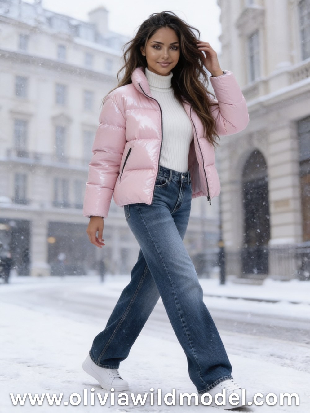 Winter street-style outfit on a snowy London street: glossy light pink cropped puffer jacket over a white turtleneck, dark-wash wide-leg jeans and white sneakers