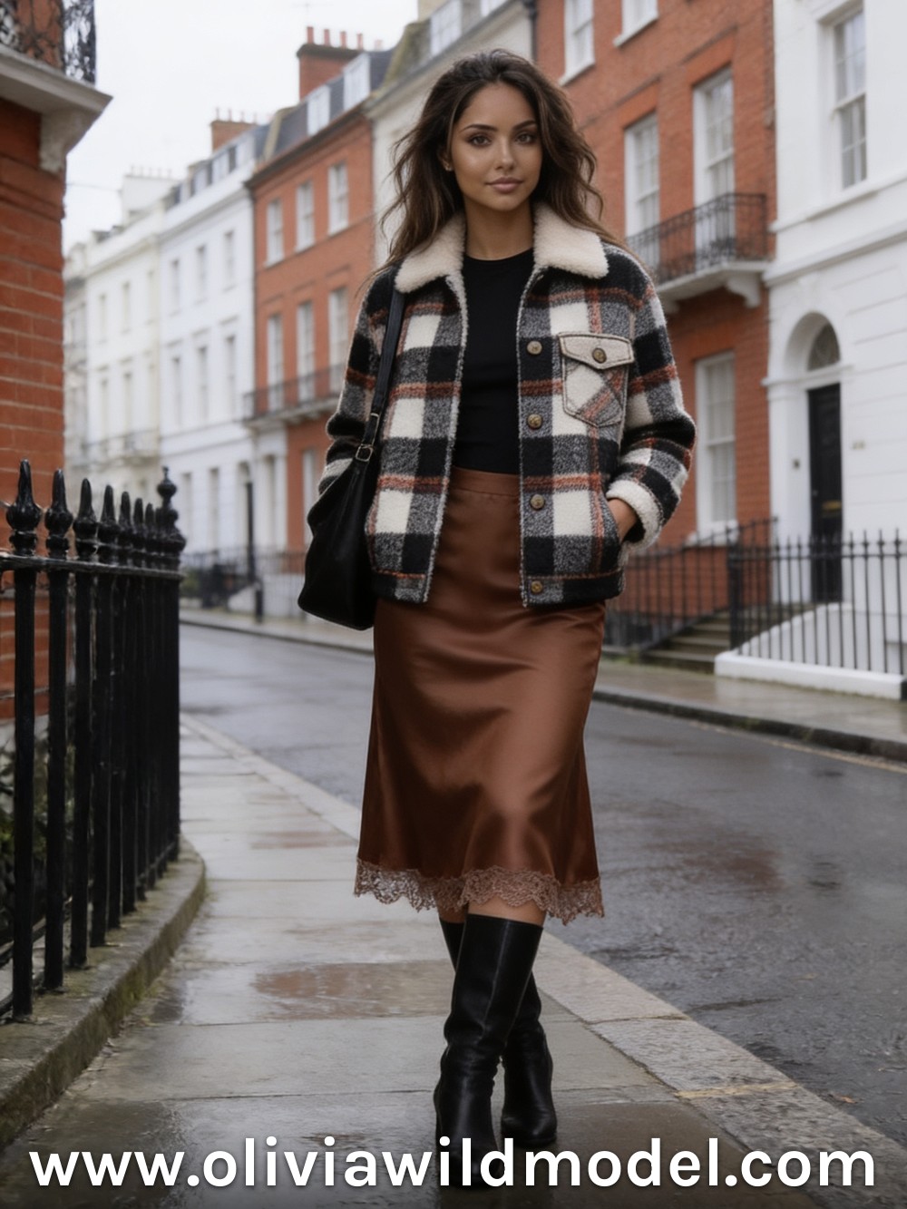 Herbst-Outfit: Karierte Shacket & Satin-Midirock