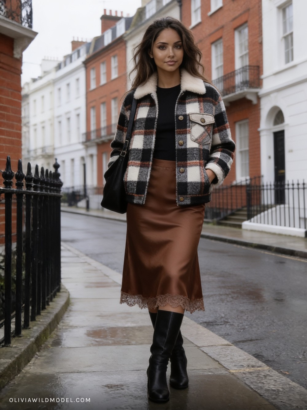 Fall street-style outfit on a London street: black-white-and-rust plaid wool shacket with a faux-fur collar, a brown satin midi skirt with lace trim, a black shoulder bag and black knee-high boots