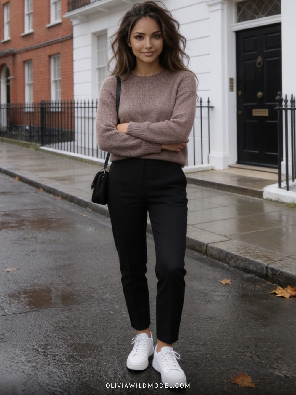 Fall street-style outfit on a London street: soft taupe-brown round-neck sweater with black tailored trousers, a small black shoulder bag and white trainers