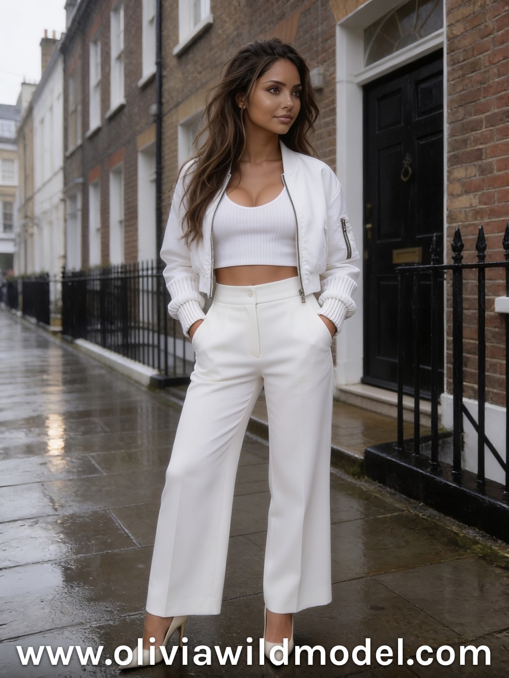 White Bomber & White Trousers: fall outfit by Olivia Wild