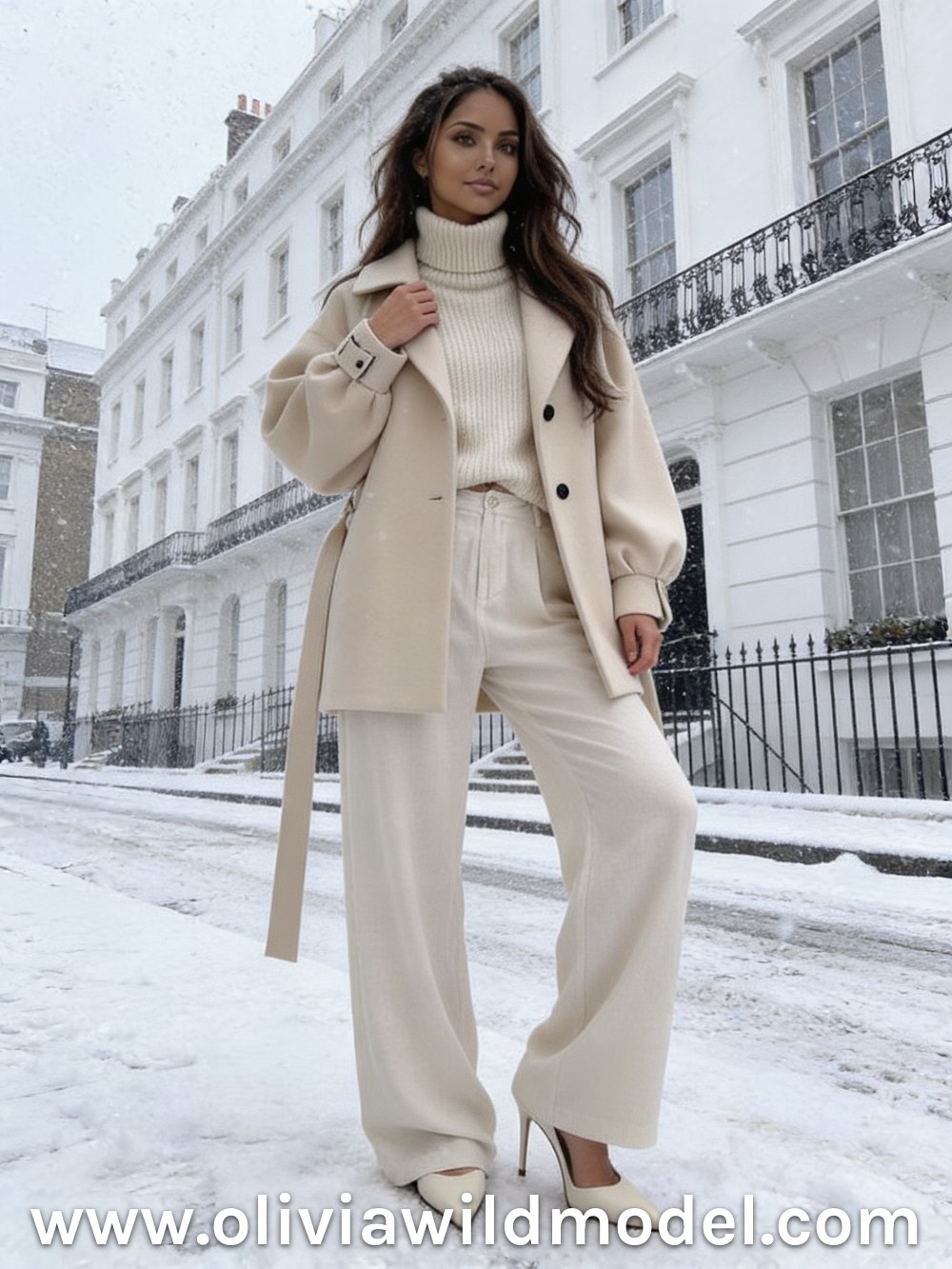 Winter white outfit on a snowy London street: cream wide-leg linen pants, a cream belted wool coat worn open with the belt hanging, an ivory turtleneck and cream pointed pumps