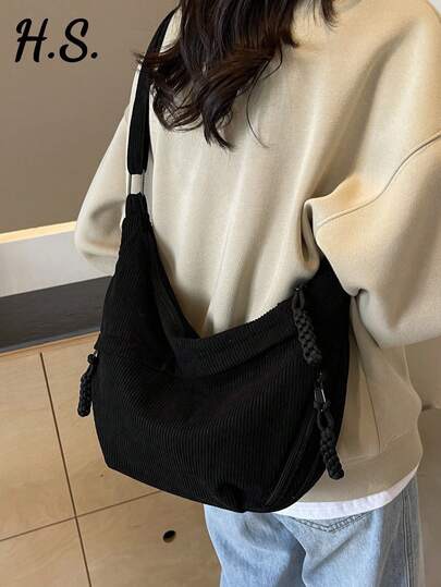 Black corduroy crescent-shaped crossbody bag at SHEIN