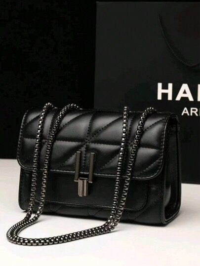 Black quilted crossbody bag with chain strap at SHEIN