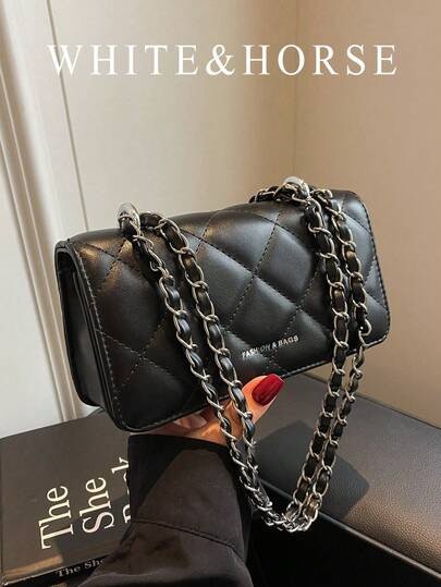 Black quilted diamond-stitch chain shoulder bag at SHEIN