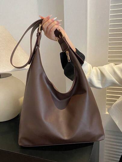 Dark brown pebbled-leather slouchy hobo bag at SHEIN