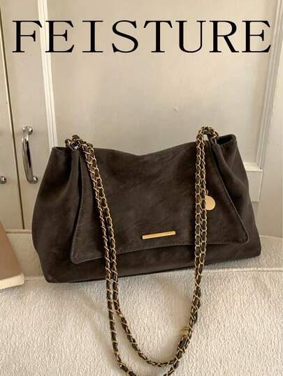 Dark brown suede chain-strap shoulder bag at SHEIN