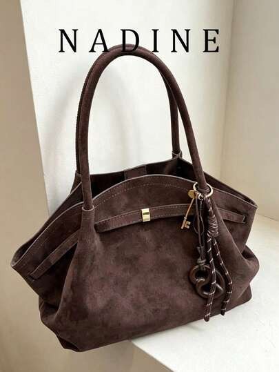 Dark brown suede structured tote bag with double handles at SHEIN