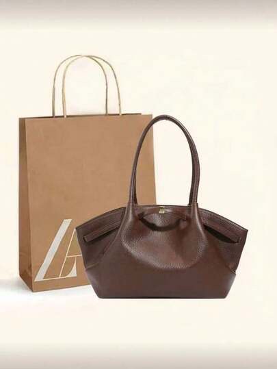 Dark brown leather tote bag at SHEIN