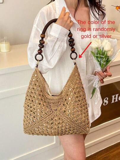 Woven straw shoulder bag with wooden bead handle at SHEIN