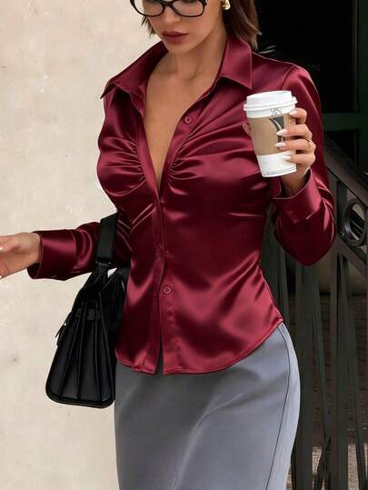 Burgundy long-sleeve satin blouse at SHEIN