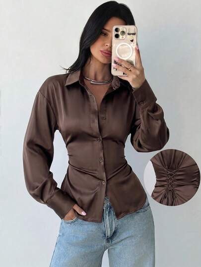 Coffee brown satin shirt with a fitted tie waist at SHEIN