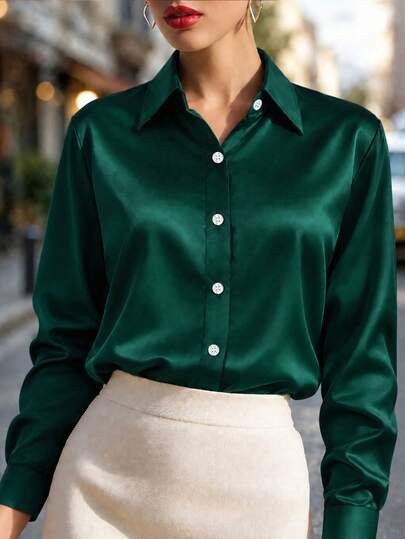 Emerald green satin button-up shirt with a pointed collar at SHEIN