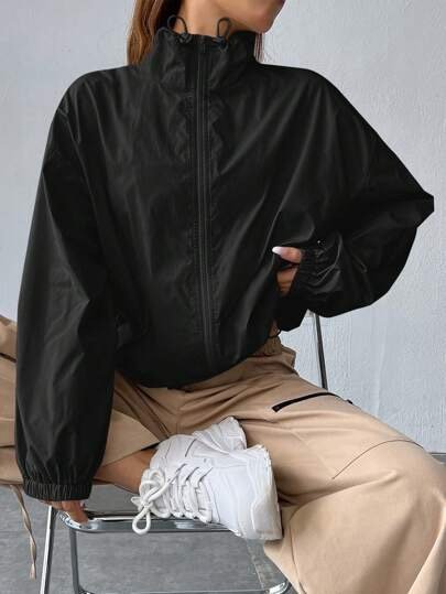Black zip-up stand-collar oversized windbreaker jacket at SHEIN
