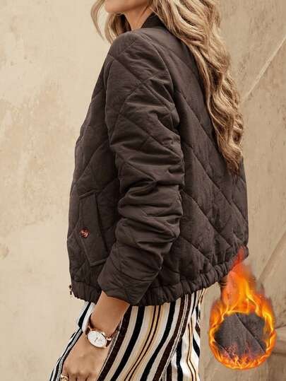 Coffee-brown diamond-quilted fleece-lined bomber jacket at SHEIN