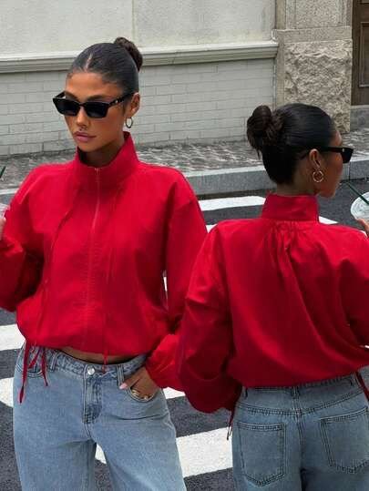 Red high-neck zip bomber jacket with drawstring hem at SHEIN