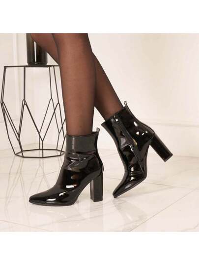 Black patent-leather square-toe platform ankle boots at SHEIN