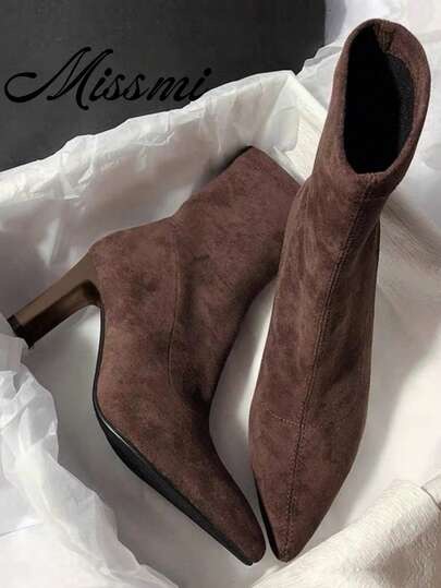 Brown suede pointed-toe ankle boots at SHEIN