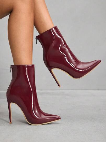 Burgundy stiletto side-zip ankle boots at SHEIN