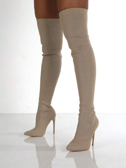 Taupe suede over-knee stiletto boots at SHEIN