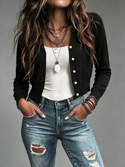 Black fine-knit fitted button cardigan at SHEIN
