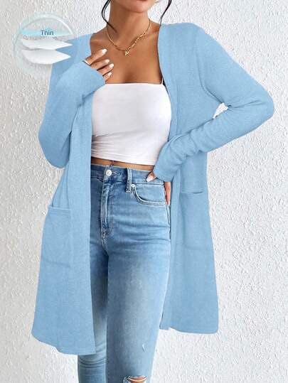 Pastel blue longline open-front knit cardigan at SHEIN