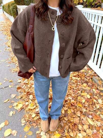 Brown Y2K round-neck button knit cardigan at SHEIN