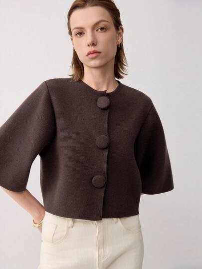 Cropped chocolate-brown boxy knit cardigan with big buttons at SHEIN