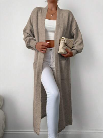 Camel long duster open-front knit cardigan with pockets at SHEIN