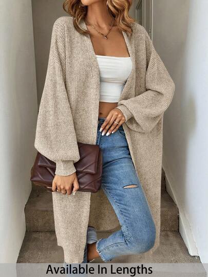 Taupe long duster cardigan-coat with drop shoulder at SHEIN