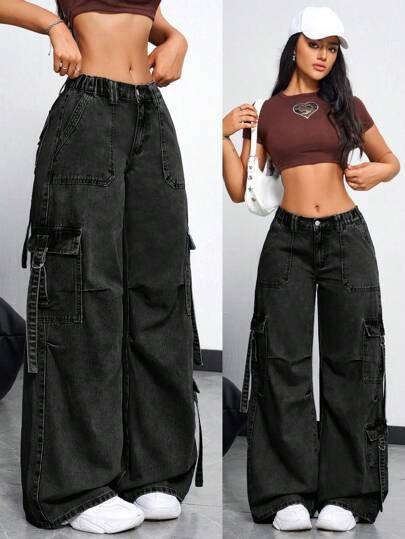 Schwarze Washed-Cargojeans bei SHEIN